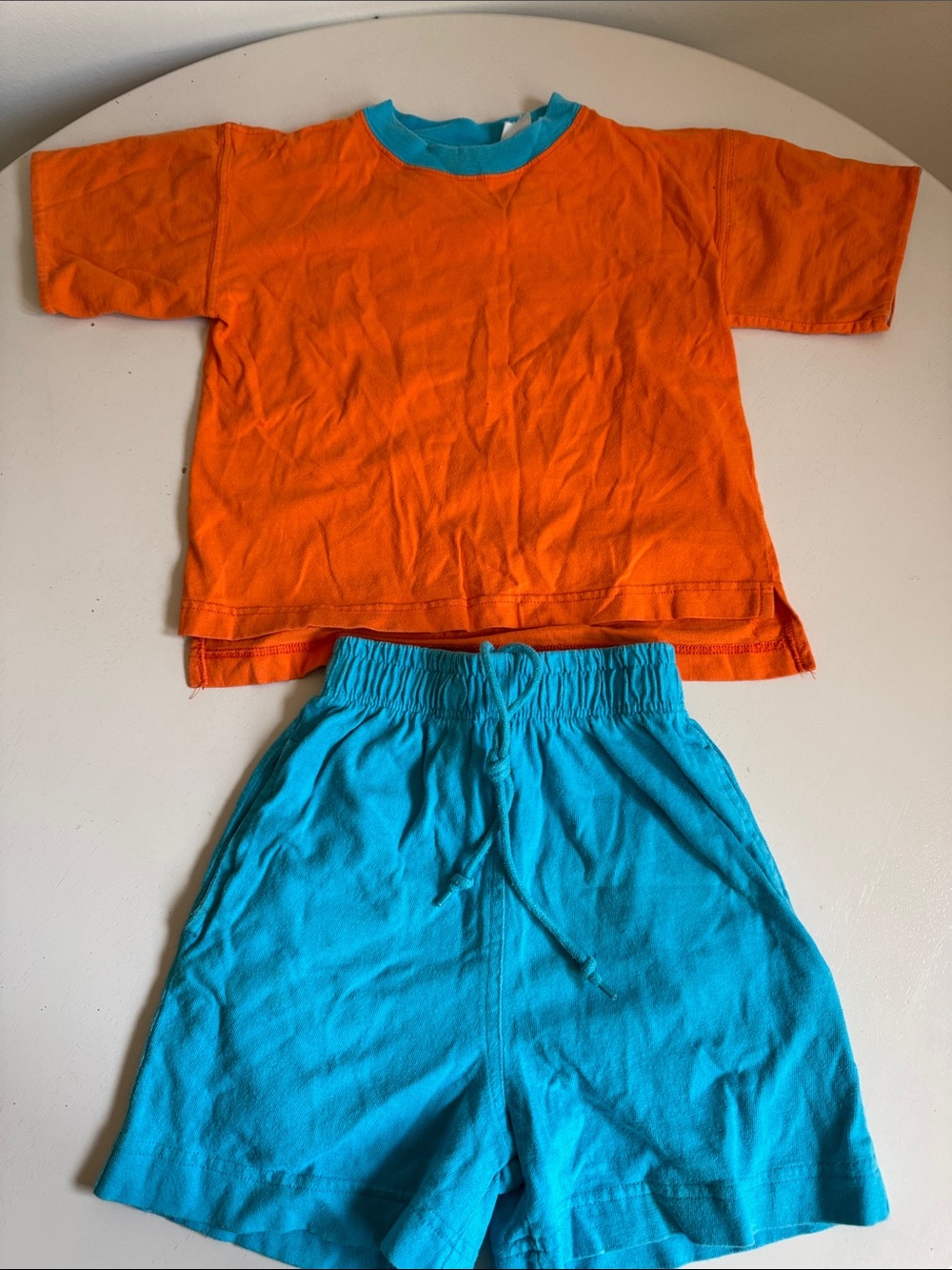 Vintage 90s Boys Orange Short-Sleeve Tee with Turquoise Drawstring Shorts